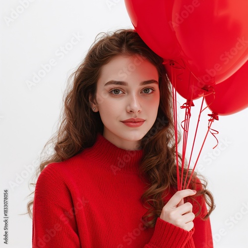 Young Woman Holds Red Balloons While Wearing a Bright Sweater in a Studio Set...