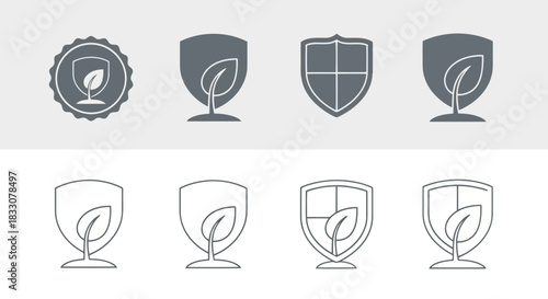 Collection of shield icons with a sprouting leaf symbolizing environmental protection and sustainable growth security