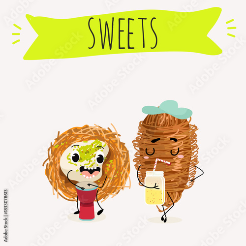 Funny Characters Turkish Traditional dessert, Kunafa, Konafa, Kanafeh, kadayif or mabroma, roll. Hand drawn vector illustration.