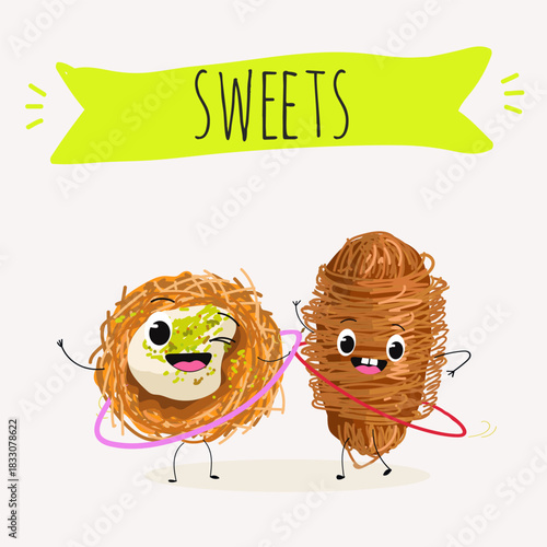 Funny Characters Turkish Traditional dessert, Kunafa, Konafa, Kanafeh, kadayif or mabroma, roll. Hand drawn vector illustration.