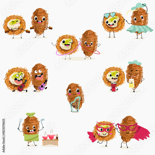 Funny Characters Turkish Traditional dessert, Kunafa, Konafa, Kanafeh, kadayif or mabroma, roll. Hand drawn vector illustration.
