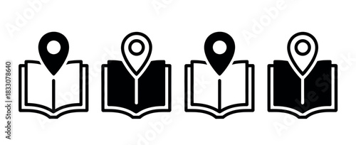 A row of four icons representing a book with a map pin, symbolizing location tracking or navigation within literature.