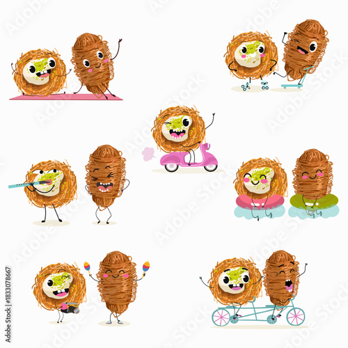 Funny Characters Turkish Traditional dessert, Kunafa, Konafa, Kanafeh, kadayif or mabroma, roll. Hand drawn vector illustration.