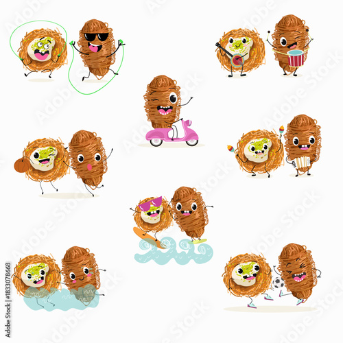 Funny Characters Turkish Traditional dessert, Kunafa, Konafa, Kanafeh, kadayif or mabroma, roll. Hand drawn vector illustration.