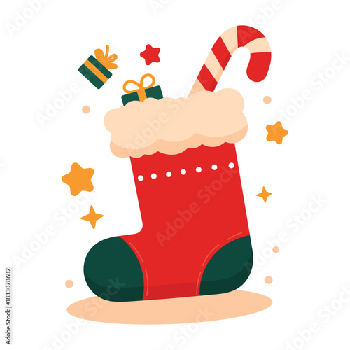 Festive Christmas stocking filled with gifts and a candy cane, decorated with stars and holiday elements. Perfect for greeting cards, posters, stickers, and seasonal designs. Vector isolated on white.
