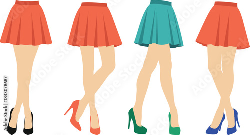 Four pairs of women's legs wearing pleated skirts and high heel shoes female fashion