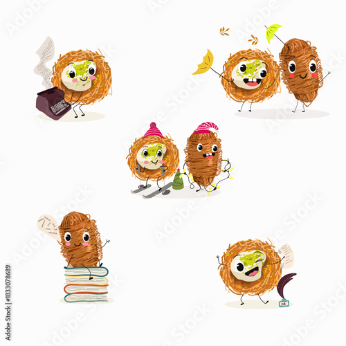 Funny Characters Turkish Traditional dessert, Kunafa, Konafa, Kanafeh, kadayif or mabroma, roll. Hand drawn vector illustration.