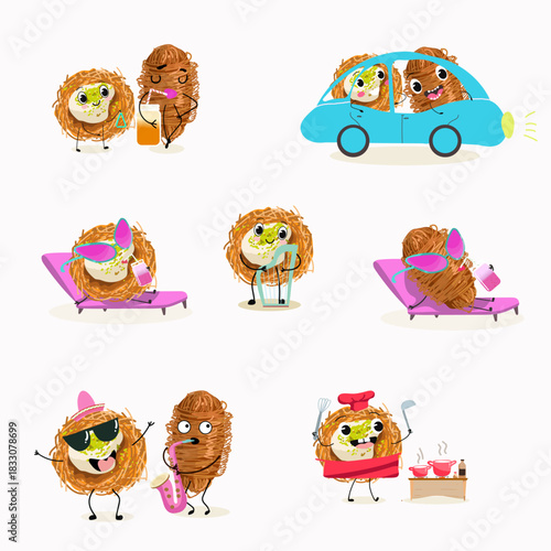 Funny Characters Turkish Traditional dessert, Kunafa, Konafa, Kanafeh, kadayif or mabroma, roll. Hand drawn vector illustration.