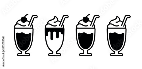 Four stylized illustrations of milkshakes with whipped cream and cherries, presented in a row.