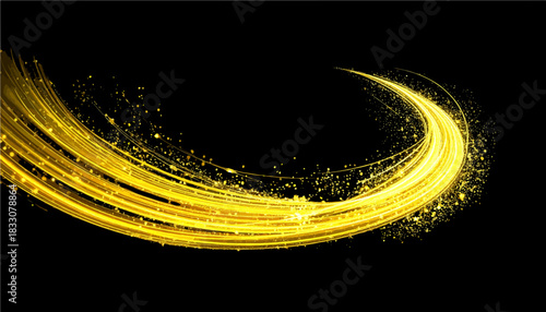 Neon yellow glowing light streak curve with shimmer particles, magic swoosh trail transparent SVG cut out