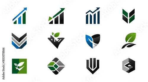 Collection of modern abstract vector logos: financial growth arrows, organic leaves, geometric shields and symbols for business branding.