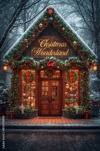 Charming Christmas Shop Decorated With Lights and Wreaths in a Snowy Winter S...