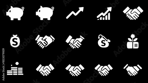 Business Finance Icons Set: Growth, Investment, Savings, Handshake, Money & Success Symbols on Black Background