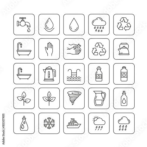 Collection of line art icons representing various aspects of water usage conservation and natural phenomena