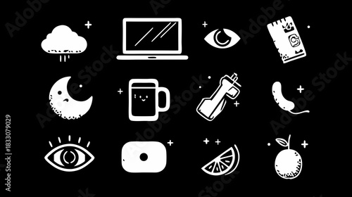 White Hand-Drawn Doodle Icons Set on Black Background. Vector Collection of Everyday Objects, Technology, Food, and Weather Symbols.