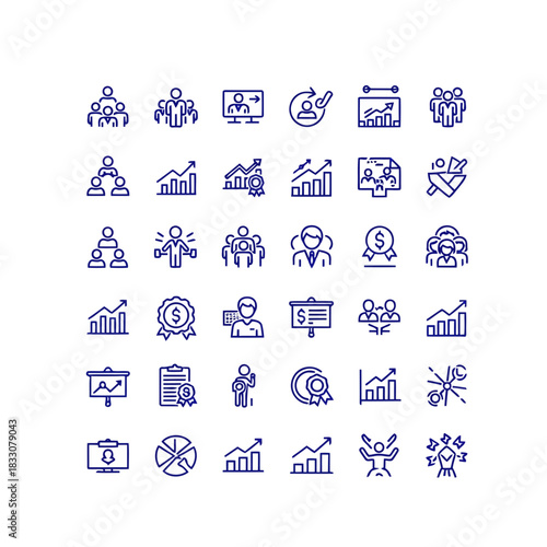 Collection of business and finance icons representing teamwork growth success and financial achievements in a modern line art style