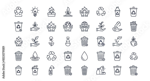 Collection of simple outline icons representing environmental protection sustainability recycling and nature conservation themes