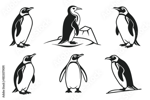 Minimalist emperor penguin icon set with black and yellow accents
