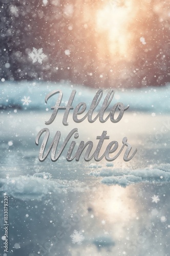 Winter Scenery With Snowflakes Falling and Water Reflecting Light During a Pe...