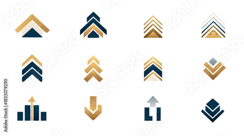 Elegant golden and blue abstract arrow icon set. Modern geometric vector symbols for business growth, progress, success, and direction.