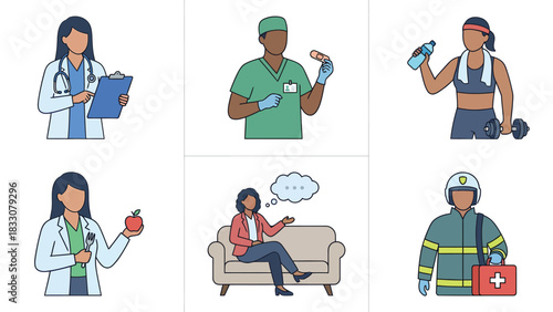 Diverse Professionals: Healthcare, Fitness, and Emergency Services Icons