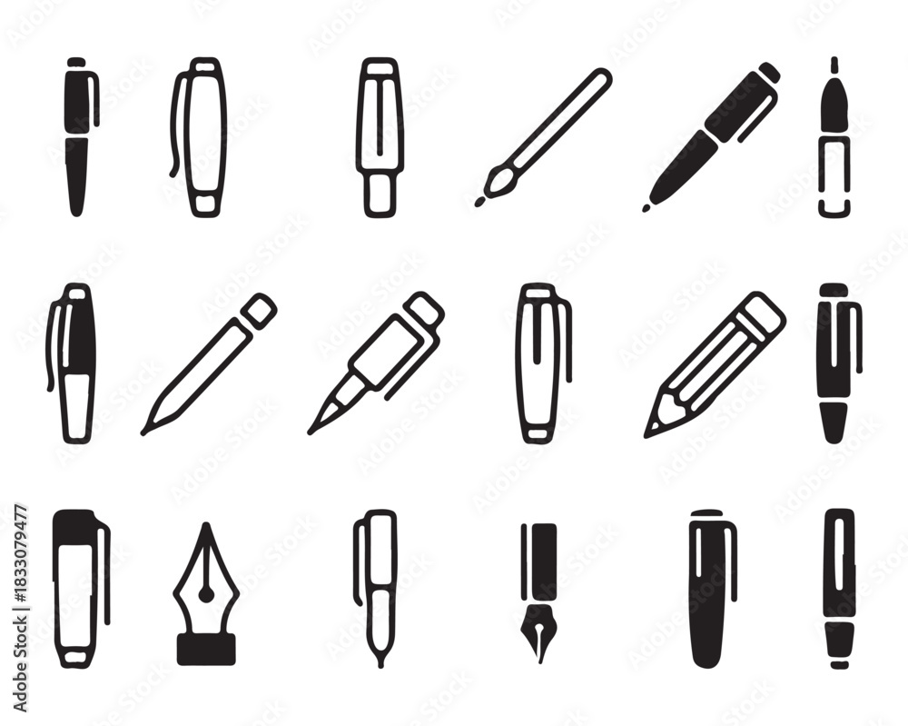Obraz premium Pen & Pencil Vector Icons – Black Line Writing Tools, Office Supplies, Stationery Silhouette Set