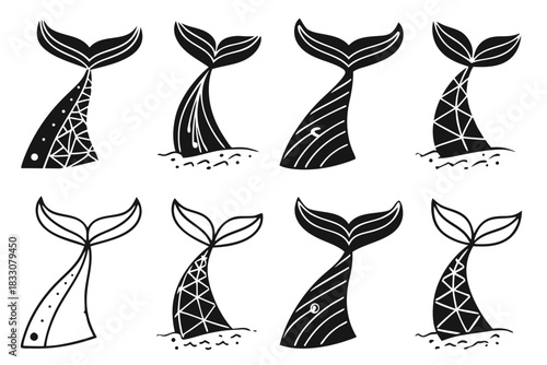 Geometric whale tail icon set in black yellow cyan magenta