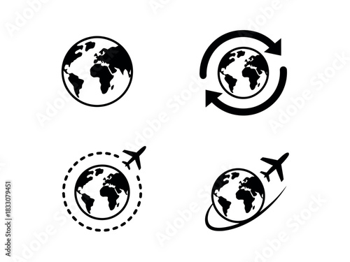 A set of four graphic icons depicting different aspects of global travel and connectivity.