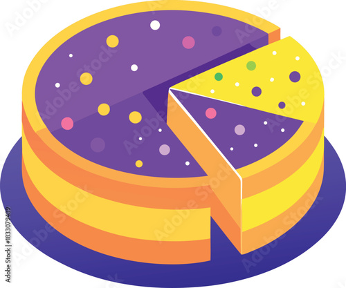 Vibrant stylized round cake illustration with festive decorations