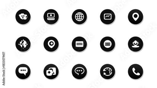 Set of diverse black and white round digital icons for web, UI, UX, business, communication, technology, and global concepts.