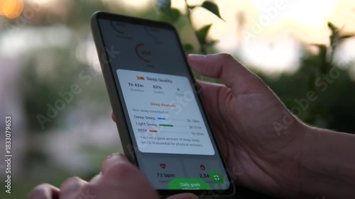 A person takes a reflective moment outdoors to delve into specific health metrics, focusing on sleep analysis within a comprehensive wellness app. This scene illustrates the modern habit of using