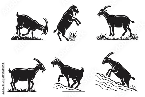 Minimalist domestic goat icon set in black and yellow
