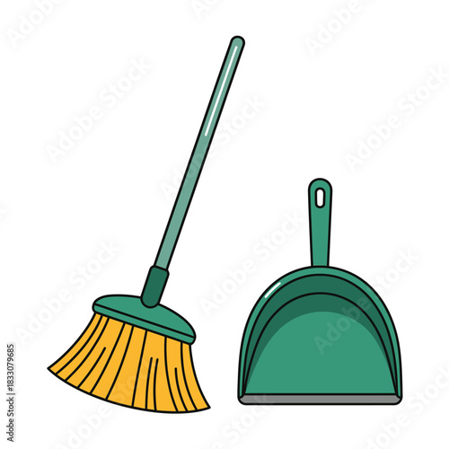 A green broom and dustpan sit ready for household cleaning tasks.
