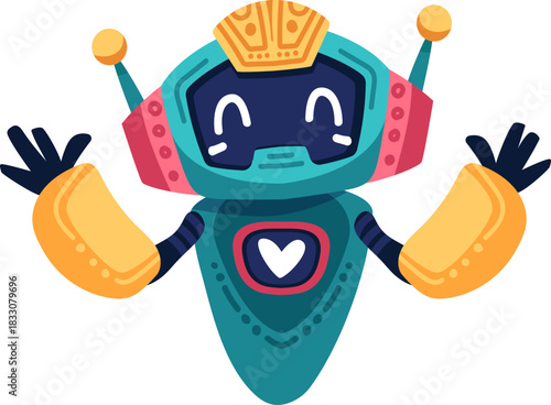 Cute robot icon with friendly face and antenna. Perfect AI chatbot avatar for digital assistant apps, tech support interfaces, and virtual communication platforms.
