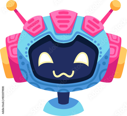 Cute robot icon with friendly face and antenna. Perfect AI chatbot avatar for digital assistant apps, tech support interfaces, and virtual communication platforms.
