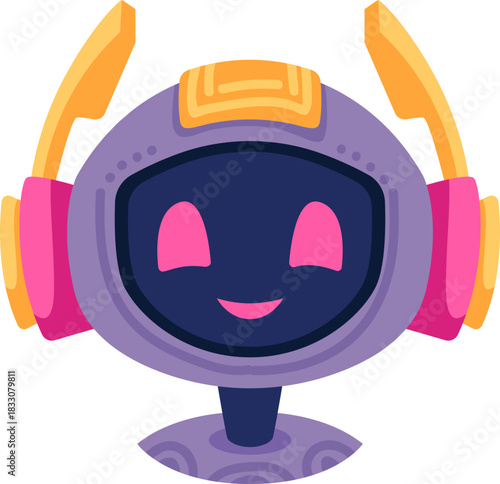 Cute robot icon with friendly face and antenna. Perfect AI chatbot avatar for digital assistant apps, tech support interfaces, and virtual communication platforms.
