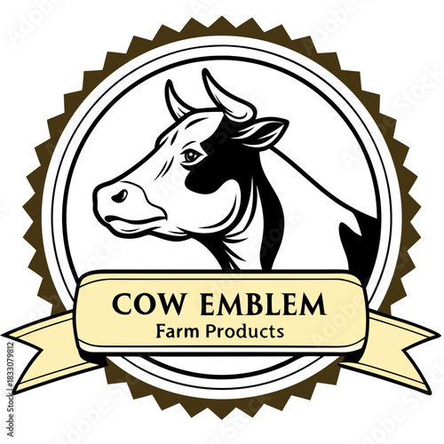 Stylized cow emblem for farm products and dairy branding