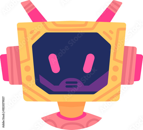 Cute robot icon with friendly face and antenna. Perfect AI chatbot avatar for digital assistant apps, tech support interfaces, and virtual communication platforms.
