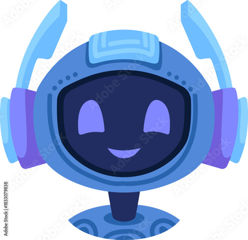 Cute robot icon with friendly face and antenna. Perfect AI chatbot avatar for digital assistant apps, tech support interfaces, and virtual communication platforms.
