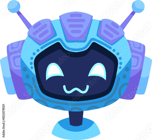 Cute robot icon with friendly face and antenna. Perfect AI chatbot avatar for digital assistant apps, tech support interfaces, and virtual communication platforms.
