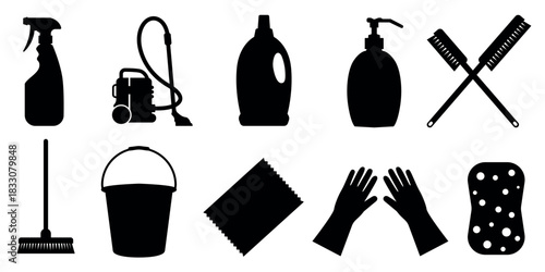 Household cleaning supplies and equipment silhouettes icon set