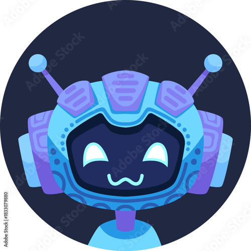 Cute robot icon with friendly face and antenna. Perfect AI chatbot avatar for digital assistant apps, tech support interfaces, and virtual communication platforms.

