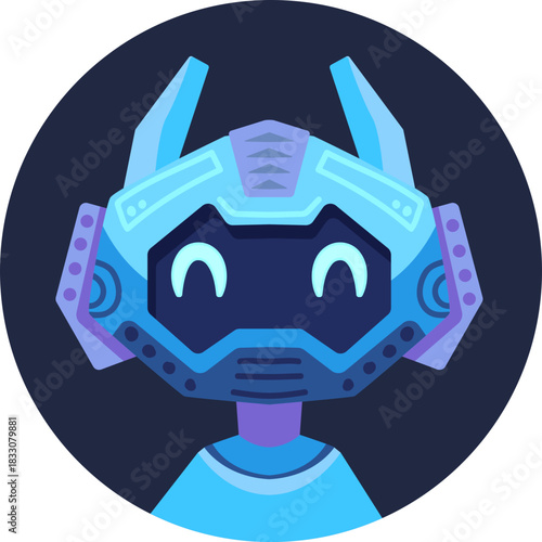 Cute robot icon with friendly face and antenna. Perfect AI chatbot avatar for digital assistant apps, tech support interfaces, and virtual communication platforms.

