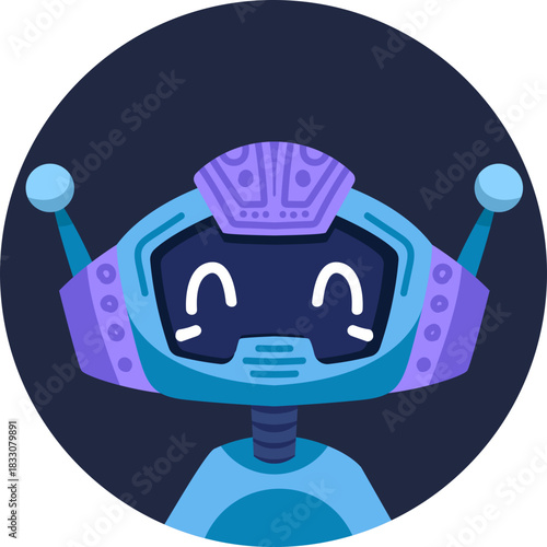 Cute robot icon with friendly face and antenna. Perfect AI chatbot avatar for digital assistant apps, tech support interfaces, and virtual communication platforms.

