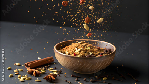 Falling Spices into Rustic Wooden Bowl on Dark Background