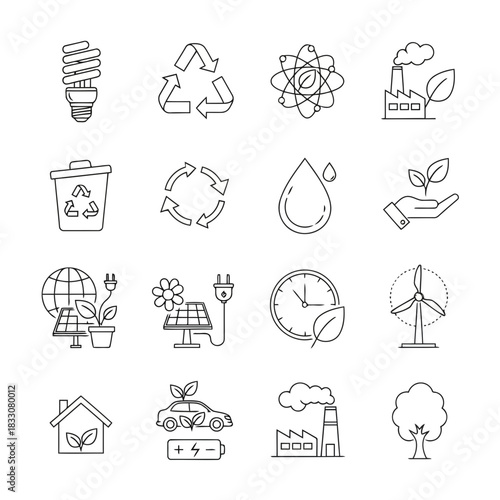 Collection of eco friendly icons representing sustainability energy saving and environmental protection concepts