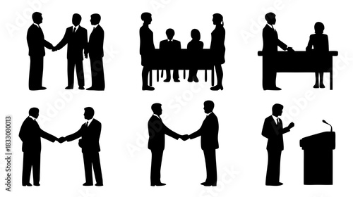 Business people silhouettes set. Handshakes, meetings, presentations, and partnership agreements. Corporate teamwork and negotiation icons.