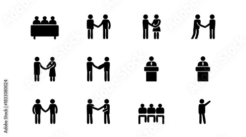 Vector icons of business interaction, handshake, agreement, meeting, partnership, presentation, collaboration, and teamwork.