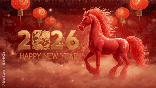 Celebrate the Lunar New Year With a Festive Red Horse and Traditional Lantern...