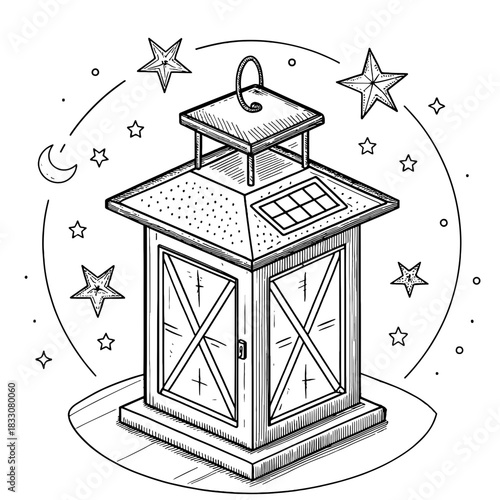 Detailed line art of a lantern surrounded by stars and a crescent moon on a white background